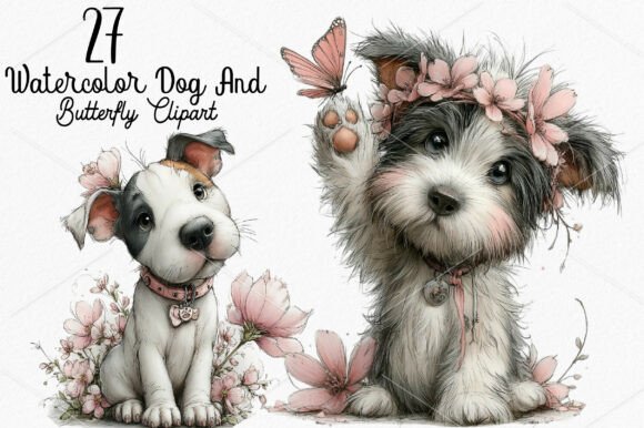 Download Watercolor Dog and Butterfly Clipart - Dog Collection