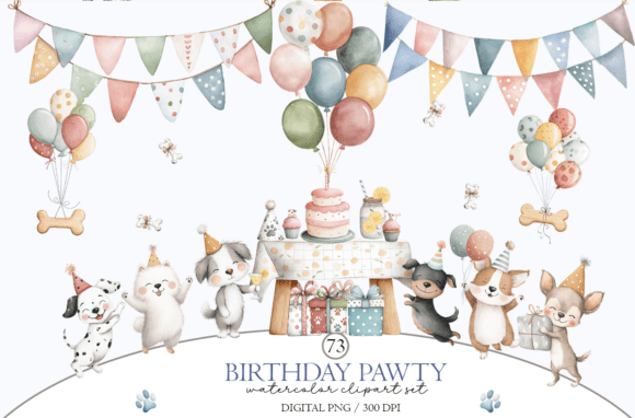 Download Dog Birthday Party Clipart: Watercolor - Premium Bundle